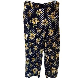 Susan Graver Size 1X Liquid Knit Wide Leg Crop Pull On Pants Navy Dot Floral